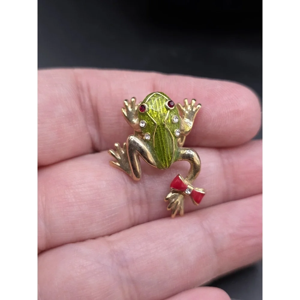 Vintage Enamel Frog Brooch/Pin/Rhinestone/Goldtone